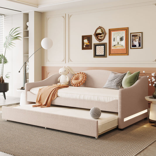 Daybed Full Beige, Gray, and Pink Fleece Upholstered with Trundle and LED Lighting for Bedroom and Guest Room