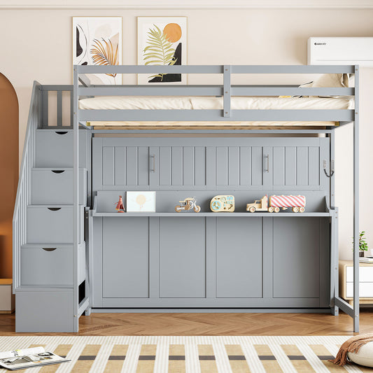 Murphy Wall Bed Full Over Full Gray Solid Wood and MDF with Storage for Bedroom and Guest Room