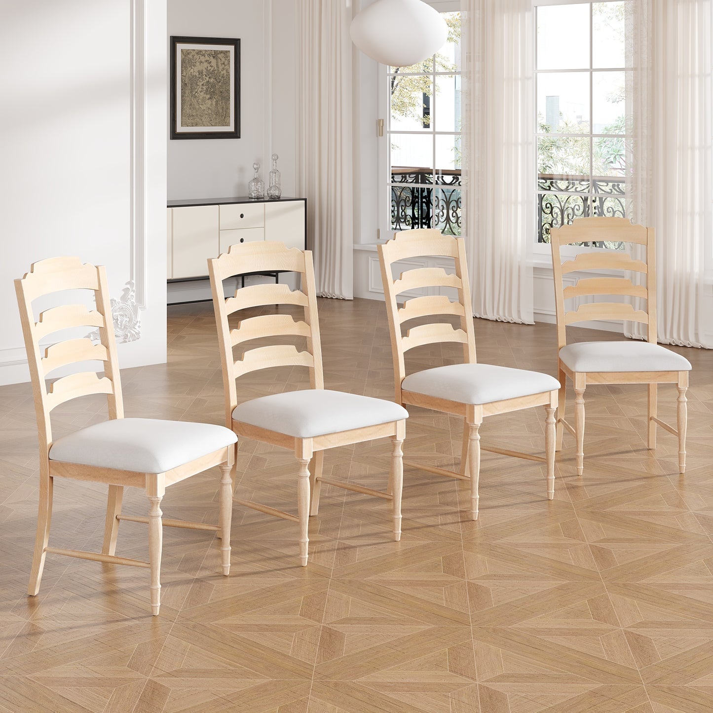 Vintage Traditional 4-Piece Upholstered Dining Chairs, Serrated Dining Backs, Natural