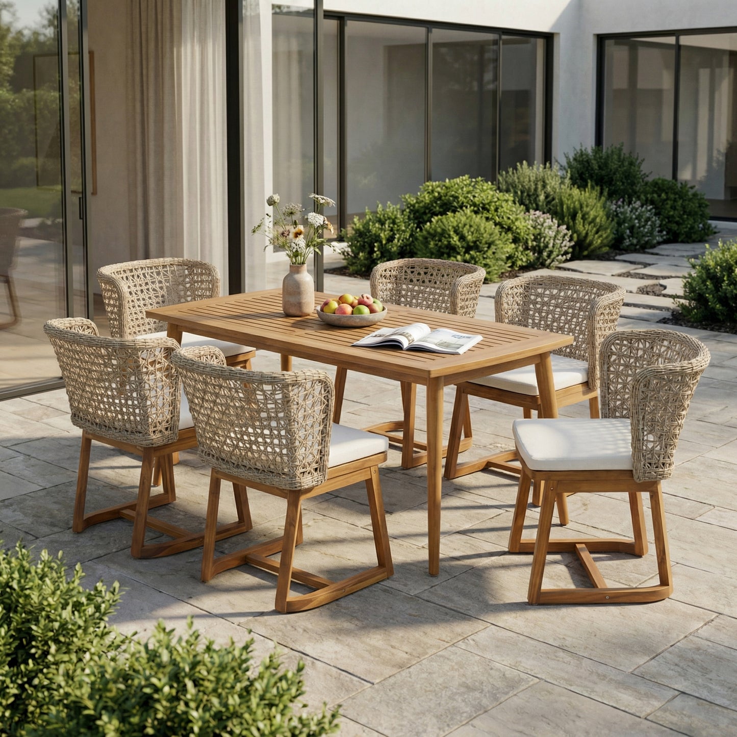 7-Piece Acacia Wood Outdoor Dining Set – Teak Finish Patio Table with 6 Wicker Dining Chairs & Beige Cushions for Garden, Backyard & Porch