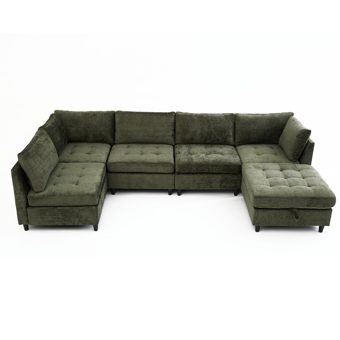 Modular Sectional Couch with Storage Ottoman, U Shaped Sofa, Storage Ottoman,Minimalist ,Convertible Modular Sofa,Chenille ,Upholstered,6 Seat,Living Room,   Green