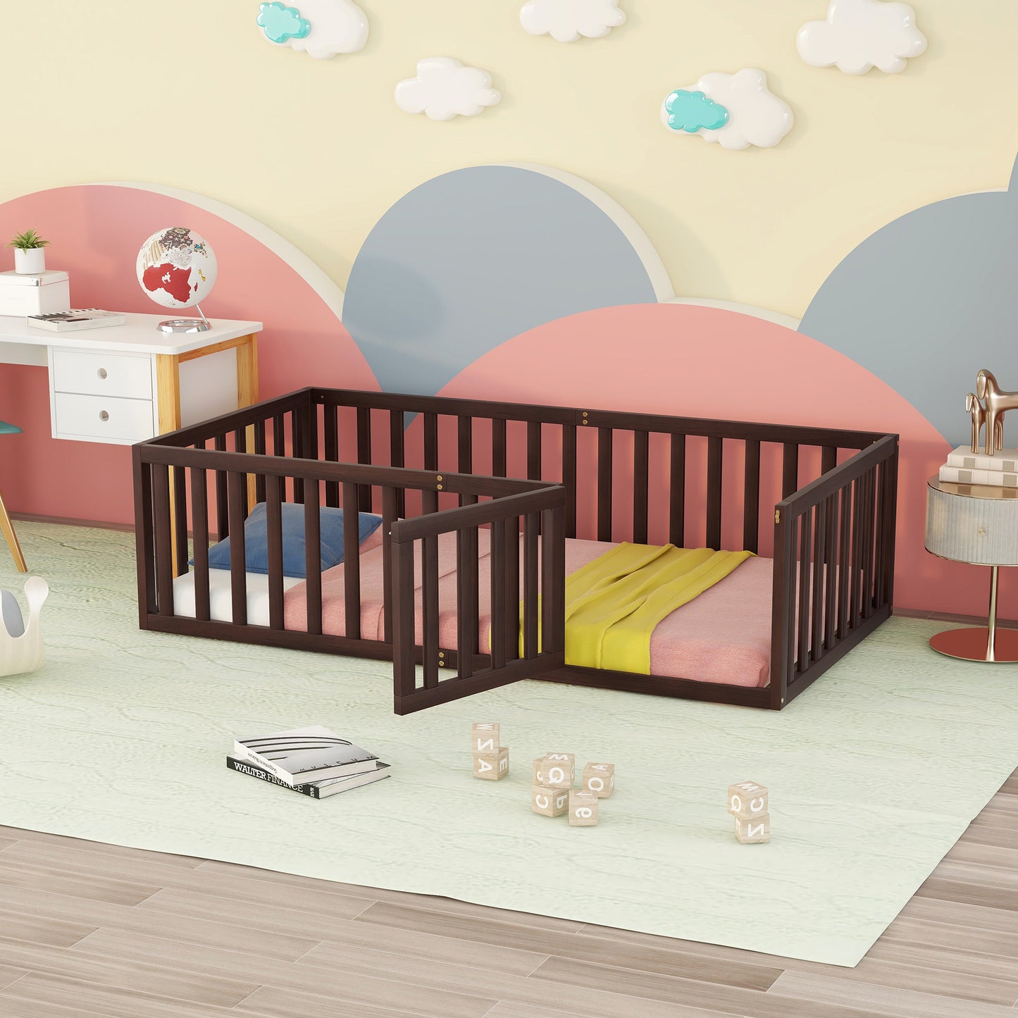 Twin Size Wood Floor Bed Frame with Fence and Door
