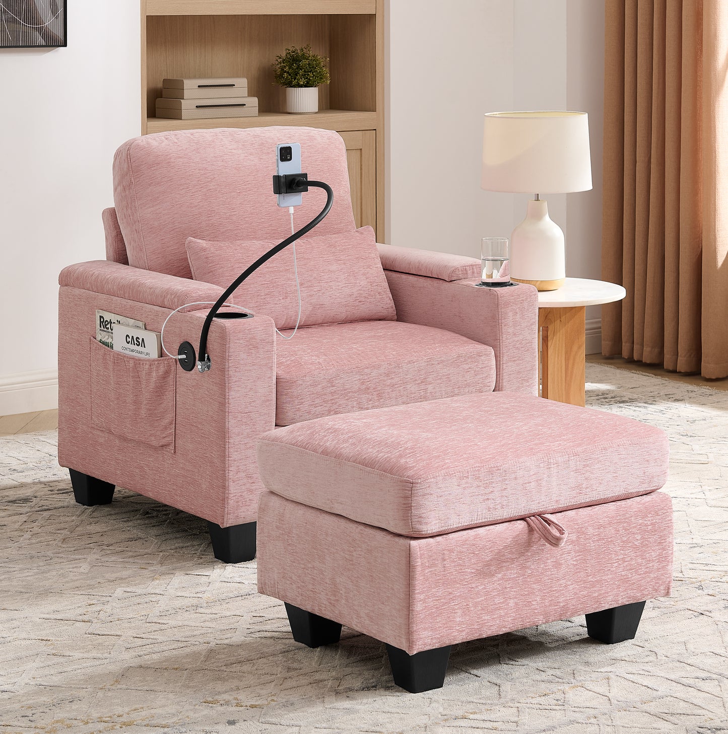 Single sofa recliner with manually adjustable backrest, USB charging port, phone stand, hidden