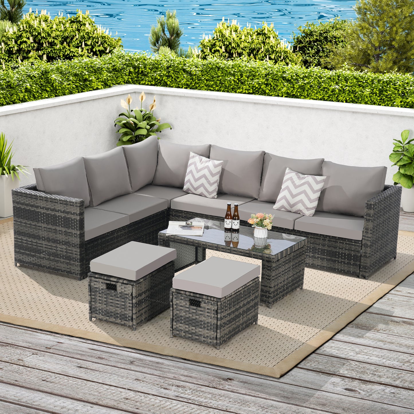 6 Piece Outdoor Patio Sofa Set – All Weather Wicker Rattan Conversation Set with Glass Table, Garden Seating Furniture