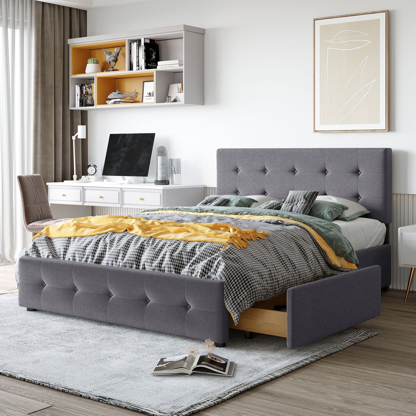 Upholstered Platform Bed with Classic Headboard and 4 Drawers, No Box Spring Needed,