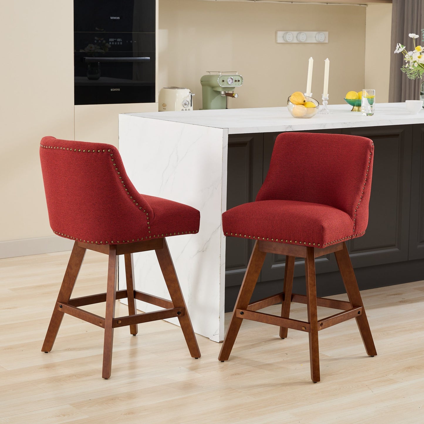Counter Height Swivel Barstools, 26'' H Seat Height Upholstered Bar Stools, Set of 2