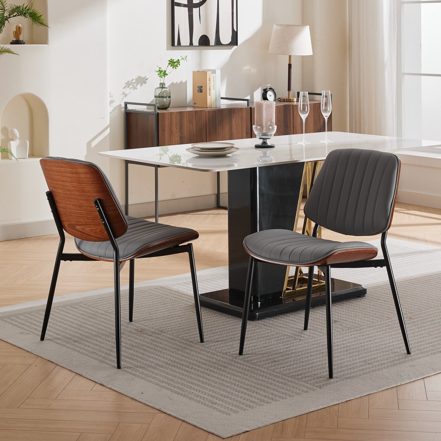 Set of 2 Mid Century Modern Retro Faux Leather Dining Chairs with Walnut Bentwood