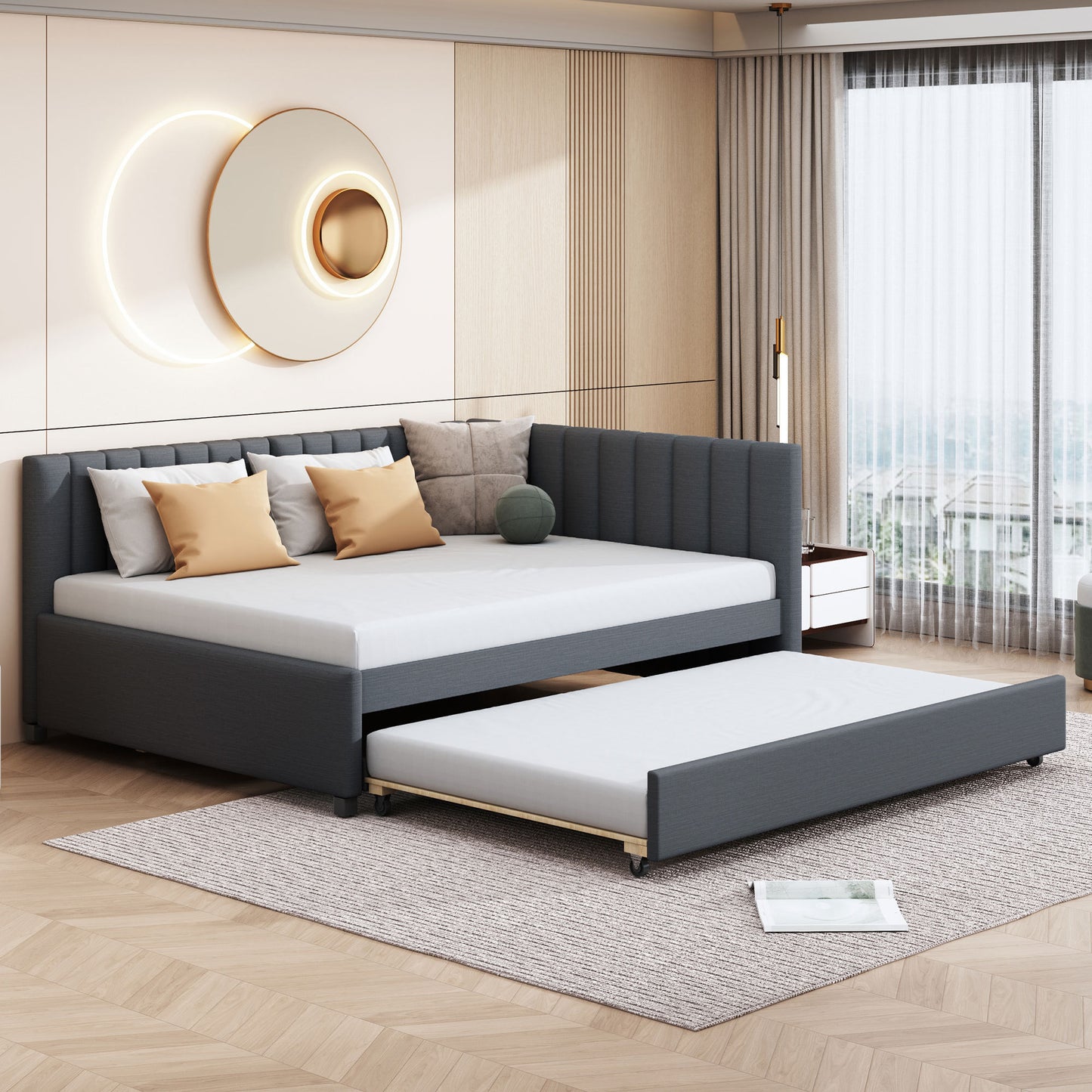 Upholstered Daybed with Trundle Sofa Bed Frame No Box Spring Needed, Linen Fabric