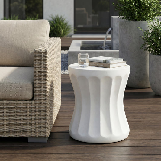 Outdoor Round Concrete Side Table – Antique White MGO End Table for Patio, Garden, Balcony & Living Room