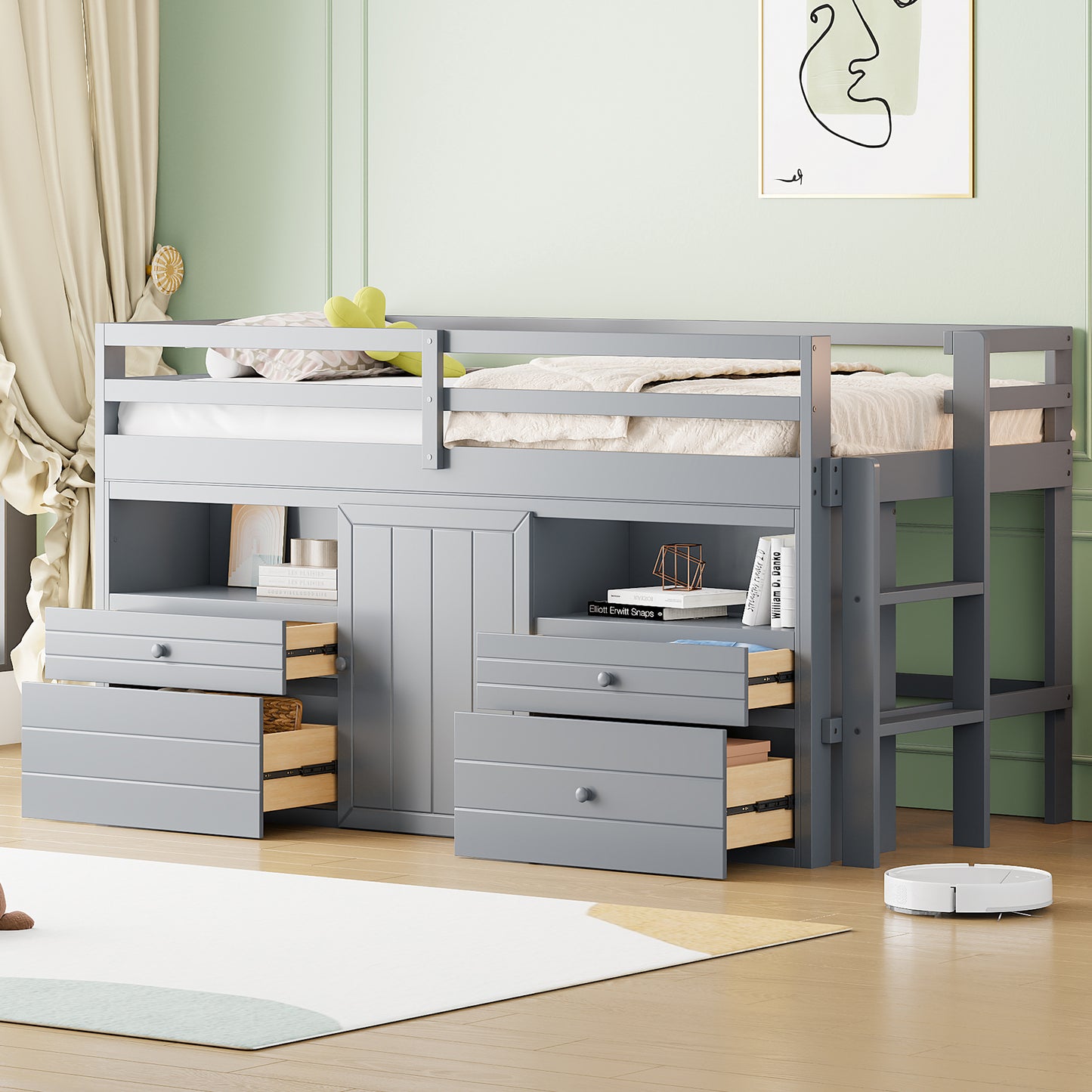 Twin Size Loft Bed with 4 Drawers, Underneath Cabinet and Shelves