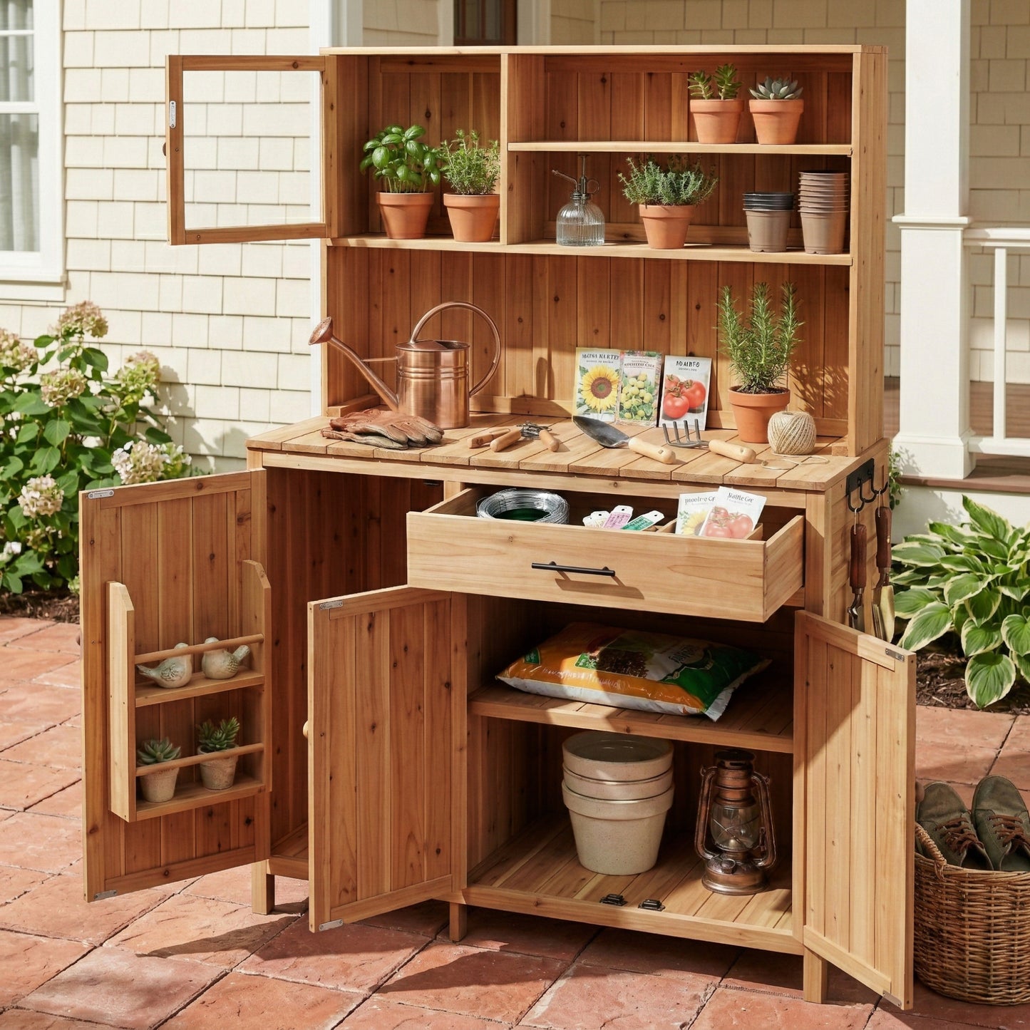 Potting Bench with Hutch, 65' H Solid Fir Wood Garden Workstation, Large Countertop, Patio Kitchen Island with Adjustabl
