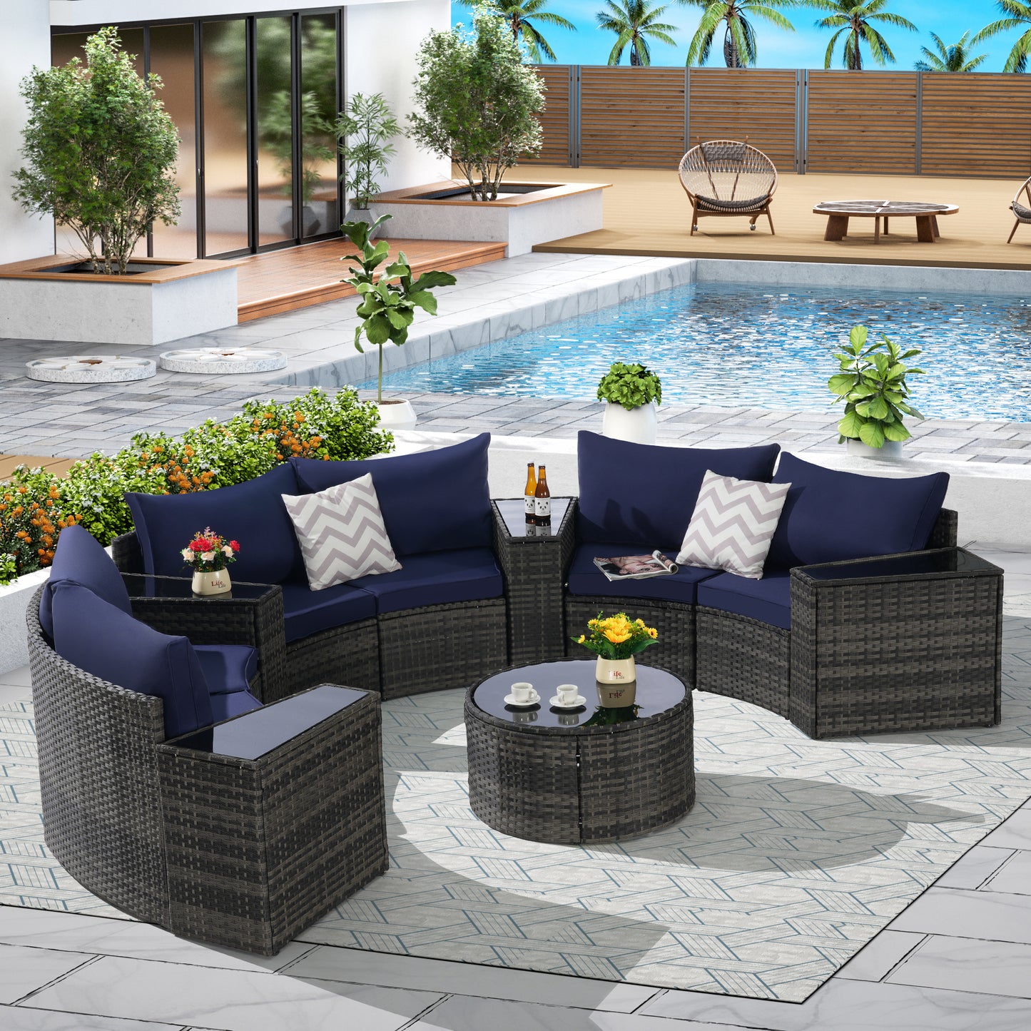 Outdoor Half Moon Sectional Sofa Set – Round Patio Conversation Set with Tempered Glass Coffee Table, Wicker Rattan Furniture