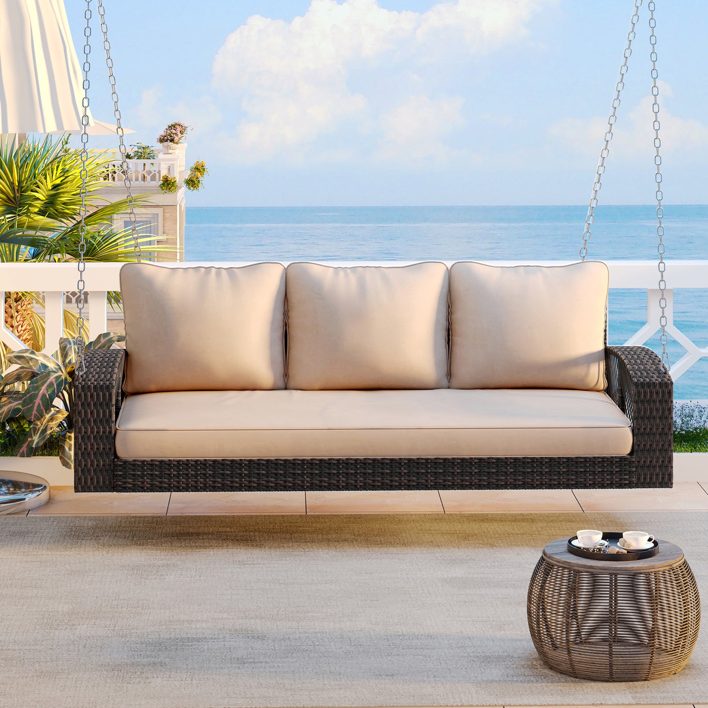 Outdoor Wicker Porch Swing – 69" 3-Person Patio Swing Bench with Cushions & Chains