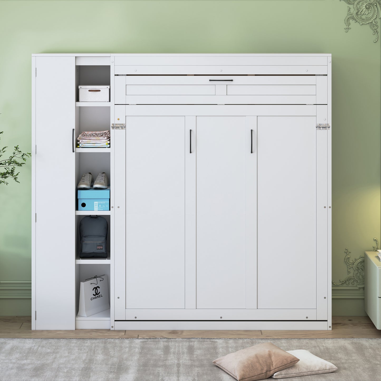 Murphy Bed Wall Bed with Shelves, Wardrobe and LED Lights