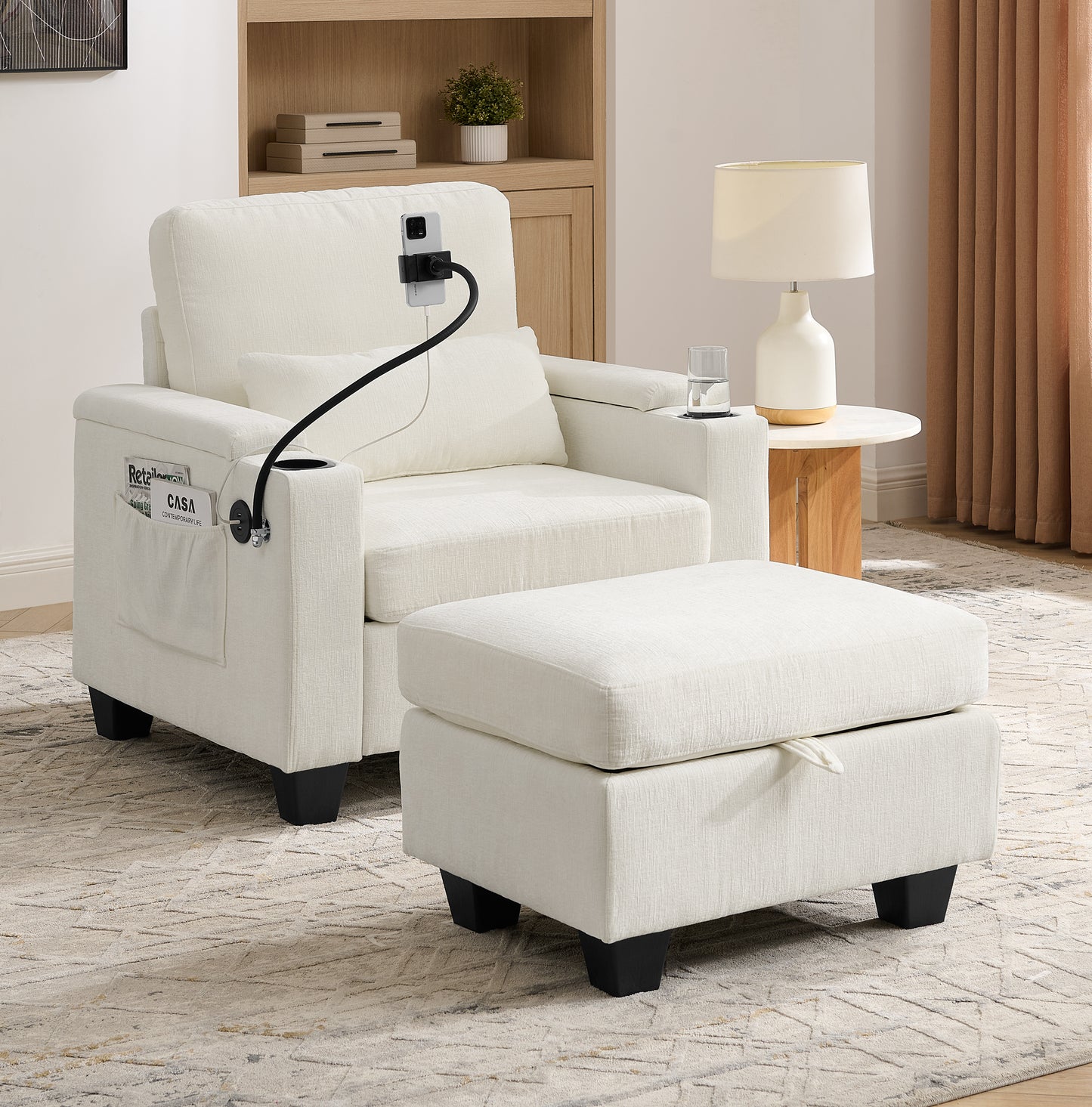 Single sofa recliner with manually adjustable backrest, USB charging port, phone stand, hidden
