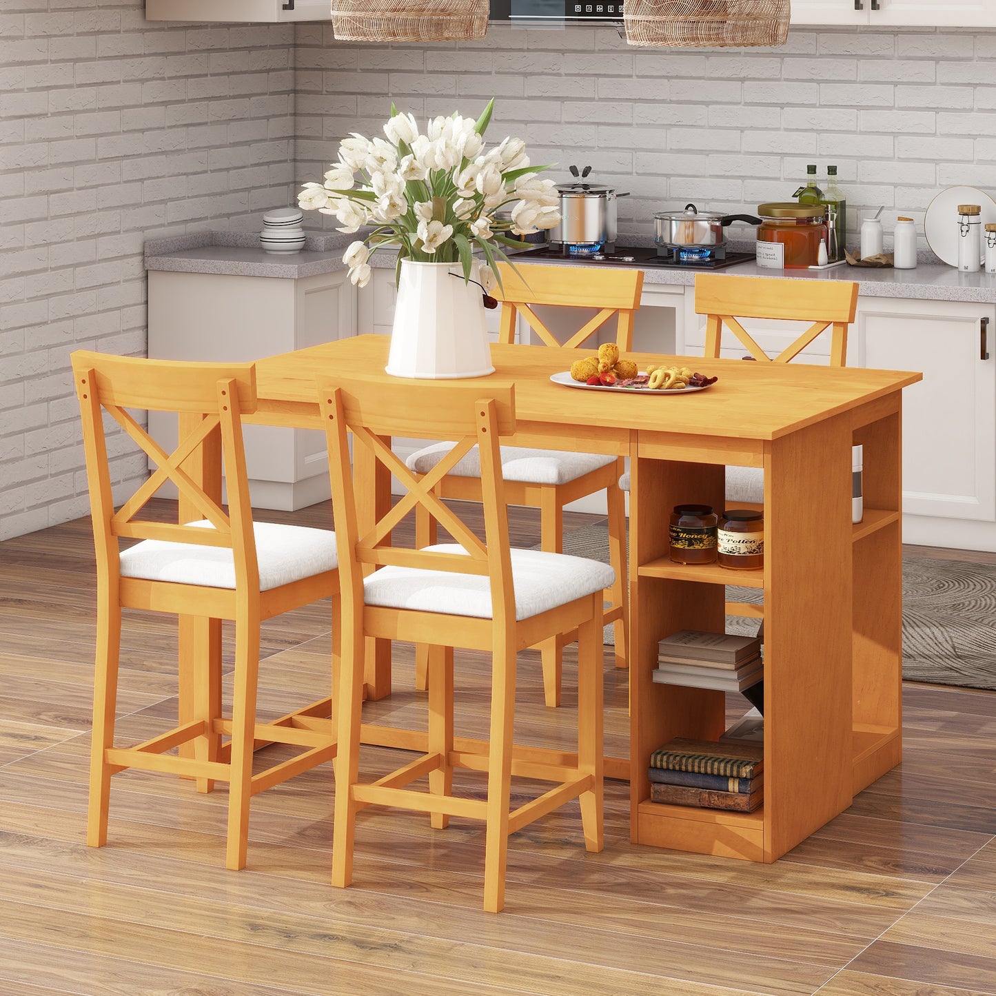 60'Lx30'W Solid Wood Farmhouse Counter Height Dining Table Set with 3-Tier Storage Shelves, Upholstered Dining Chairs fo