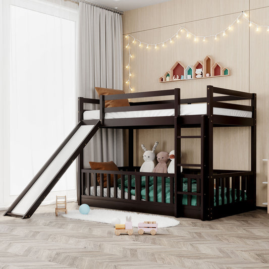 Bunk Bed Twin Over Twin Espresso Solid Wood with Ladder and Slide for Bedroom and Guest Room