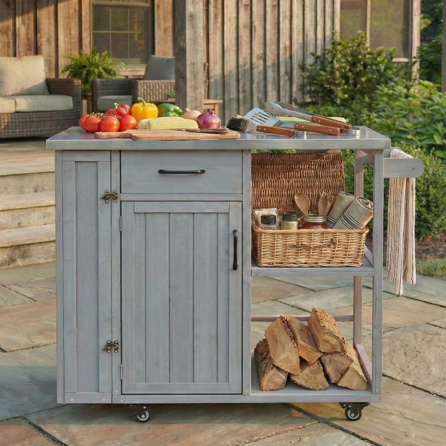 Outdoor Kitchen Island Fir Wood Prep Station Lockable Kitchen Cart with Stainless Top, Storage Space,