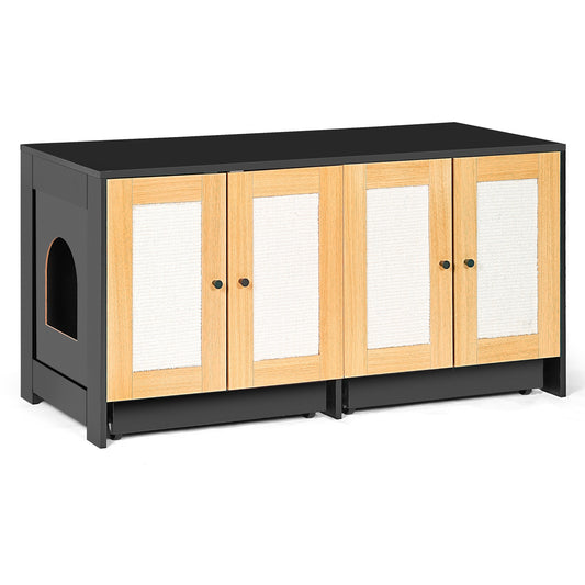 Cat Litter Box Enclosure Light Oak Particle Board with Storage and Rattan Door Detail for Pet-Friendly Home Organization