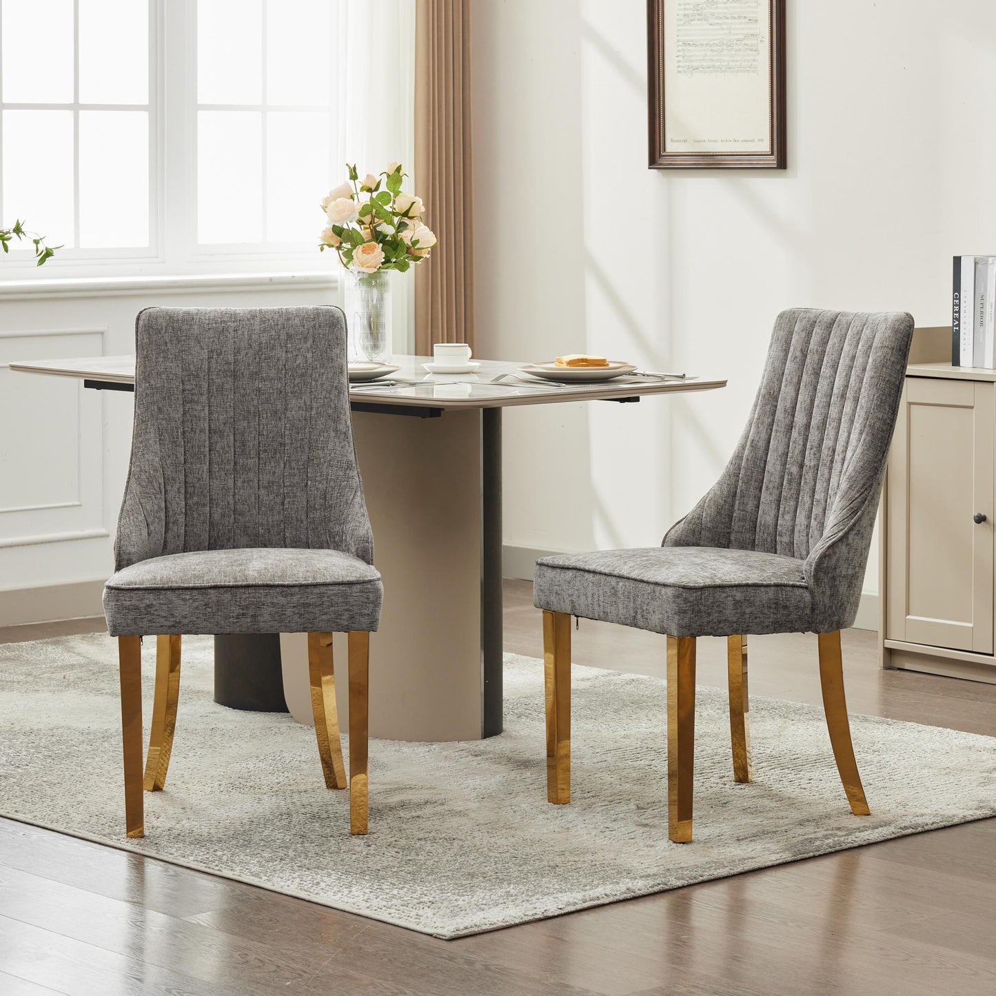 Rayon Cloth Flocking Chenille Channel Upholstered Dining Chairs with Golden Stainless Steel Plating Legs