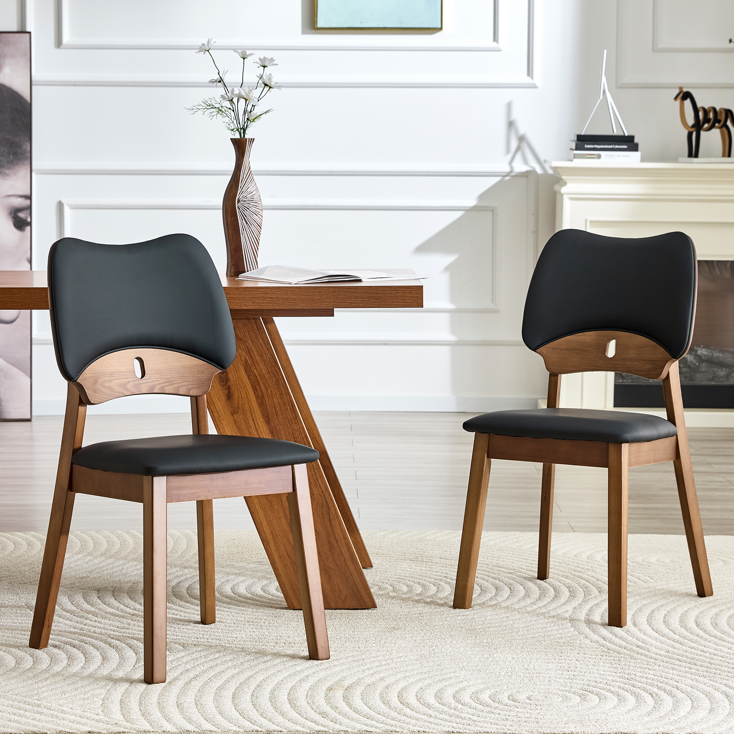 Set of 2 Walnut Solid Wood Dining Chairs with Upholstered Backrest and Seat Cushion