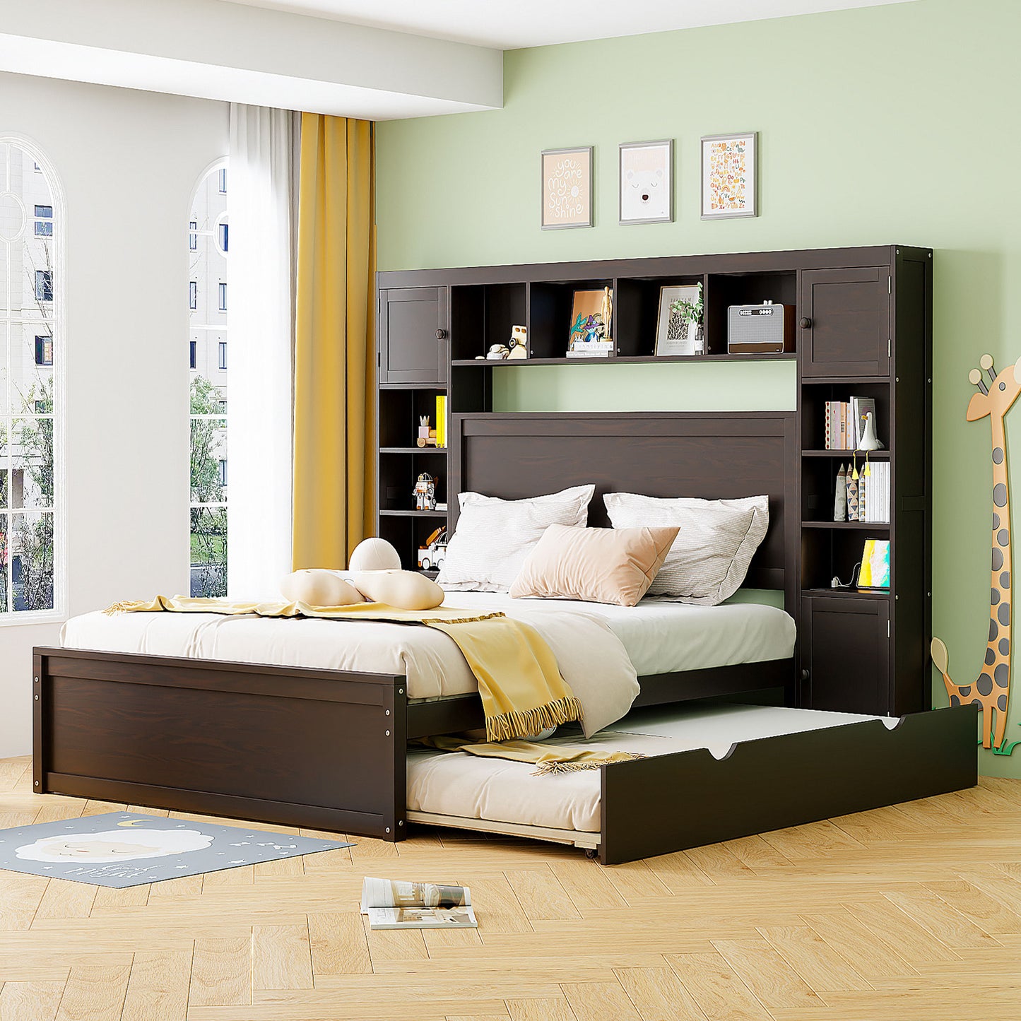 Queen Size Wooden Bed With All-in-One Cabinet, Shelf and Sockets,