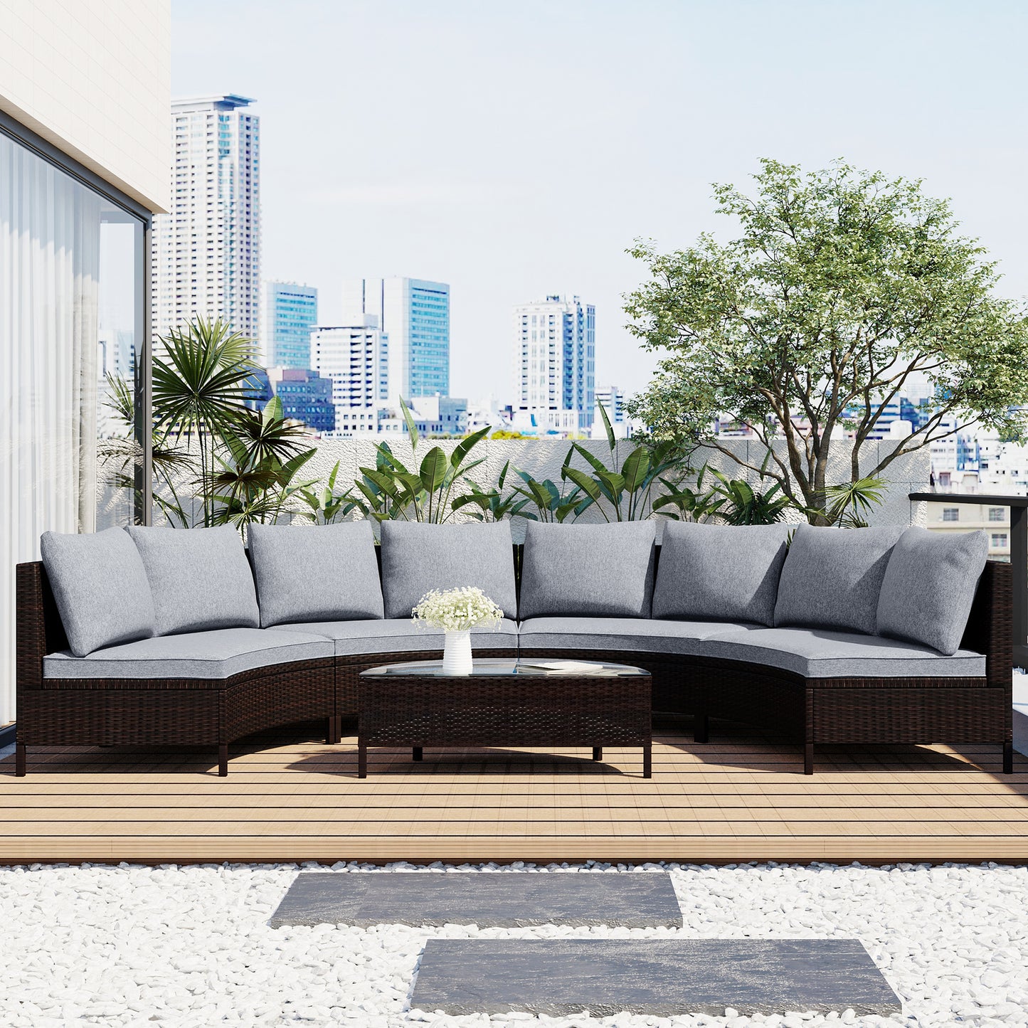 5 Pieces All-Weather Brown PE Rattan Wicker Half-Moon Sectional Furniture