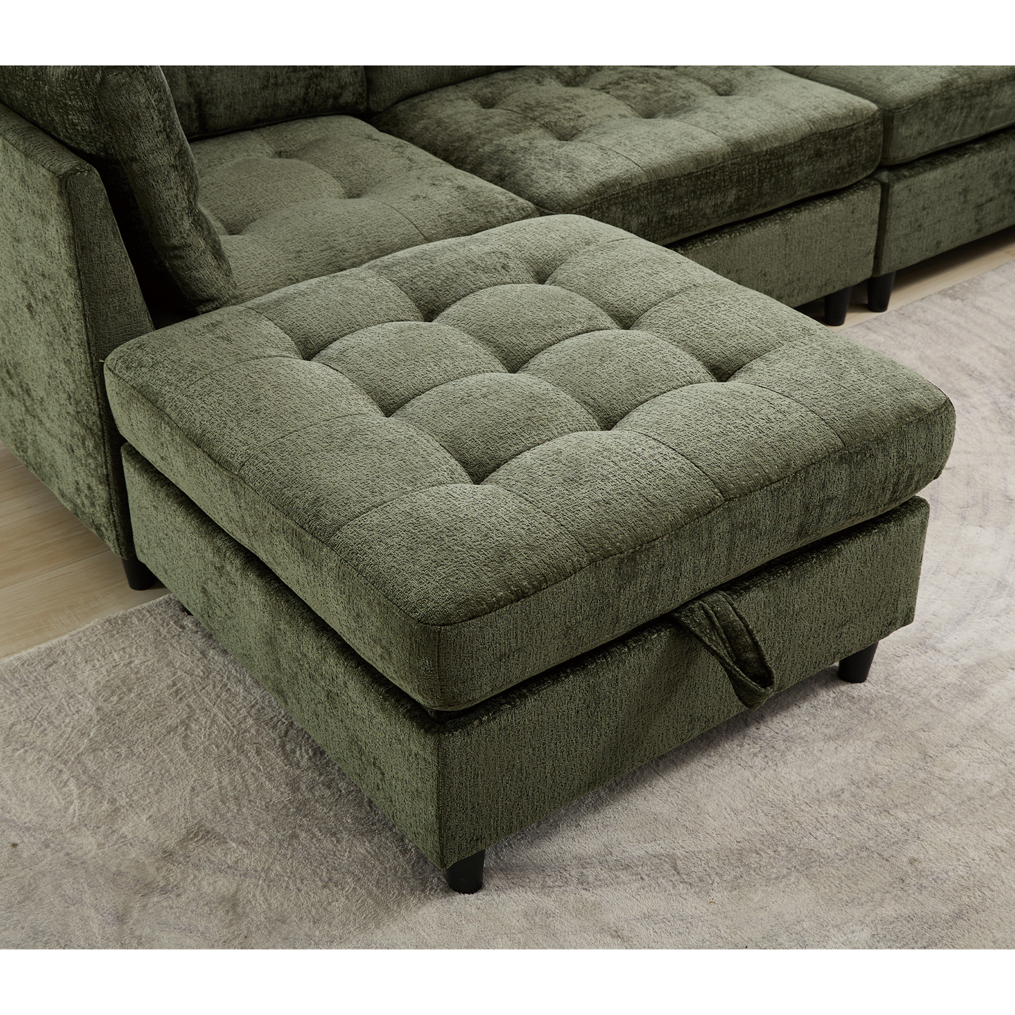 Modular Sectional Couch with Storage Ottoman, U Shaped Sofa, Storage Ottoman,Minimalist ,Convertible Modular Sofa,Chenille ,Upholstered,6 Seat,Living Room,   Green