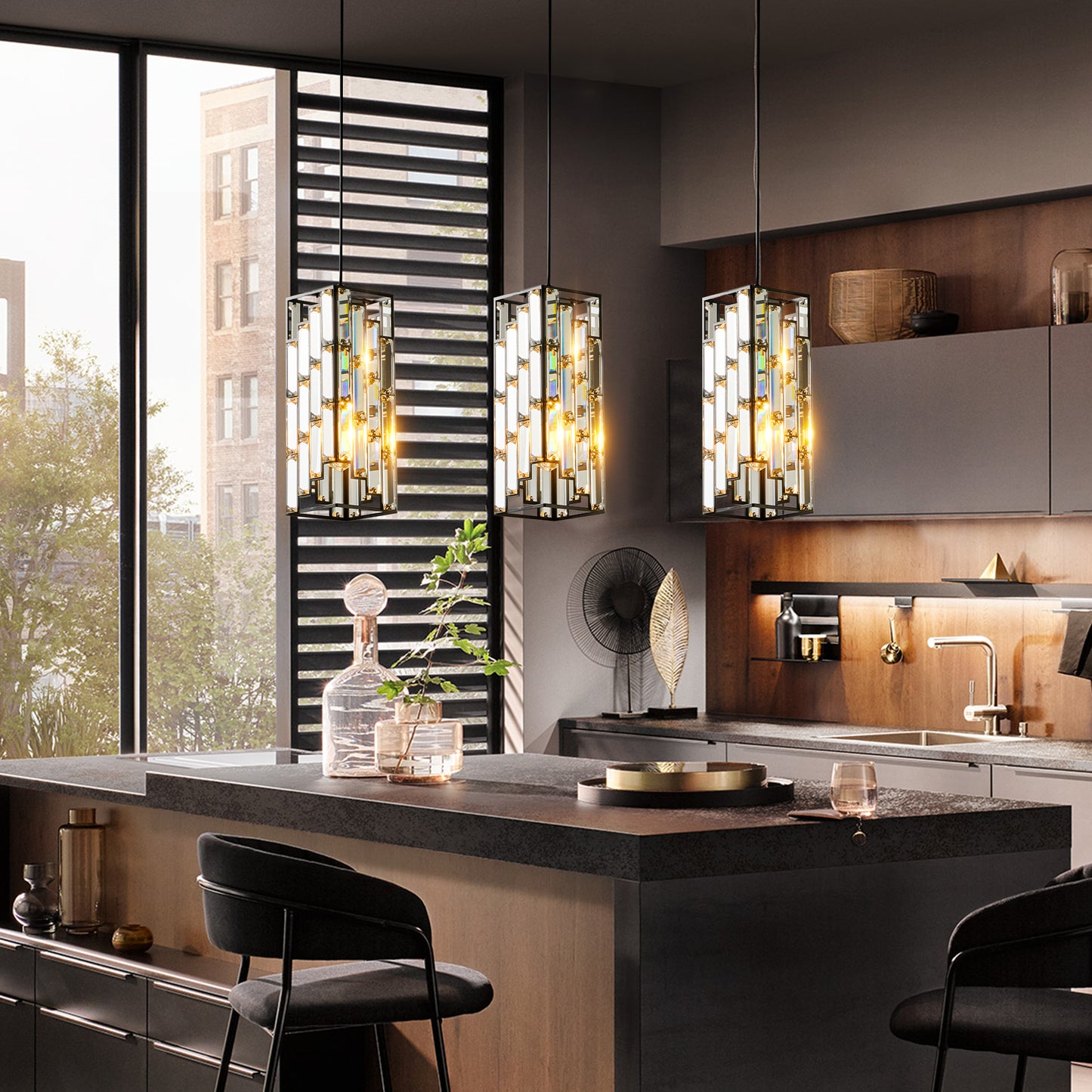 Modern Crystal Pendant Light - 3 Pack, Adjustable Hanging Ceiling Lamp with Crystal Prism Design for Dining Room, Kitchen Island, and Living Room -Black Finish