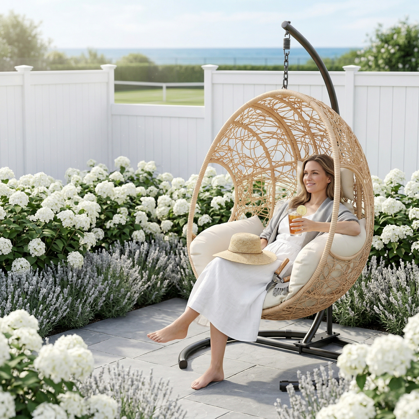 42 Extra Wide U-Base Hanging Egg Chair, 400lb Capacity Patio Swing with 8-Inch Cushion, Weatherproof PE Rattan & Waterpr
