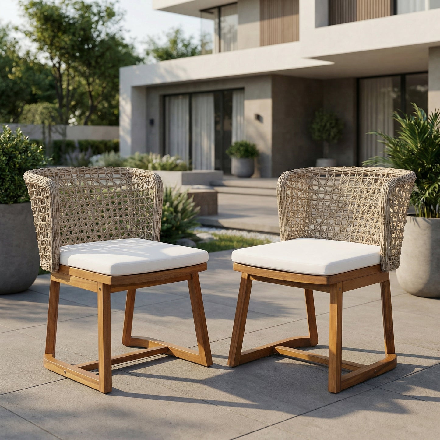 Set of 2 Outdoor Acacia Wood Dining Chairs with Beige Cushions, Teak Finish Patio Side Chairs with Wicker Back, Weather Resistant Garden Seating