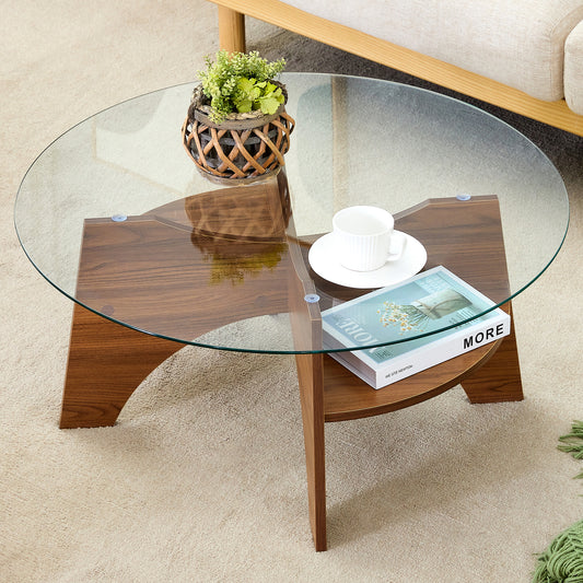 Round Coffee Table Glass Walnut for Living Room Accent and Display