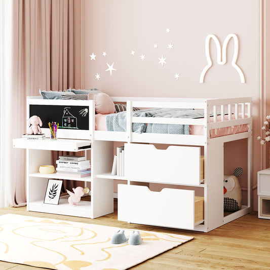 Loft Bed Twin White Solid Wood with Drawers and Shelves for Bedroom and Guest Room