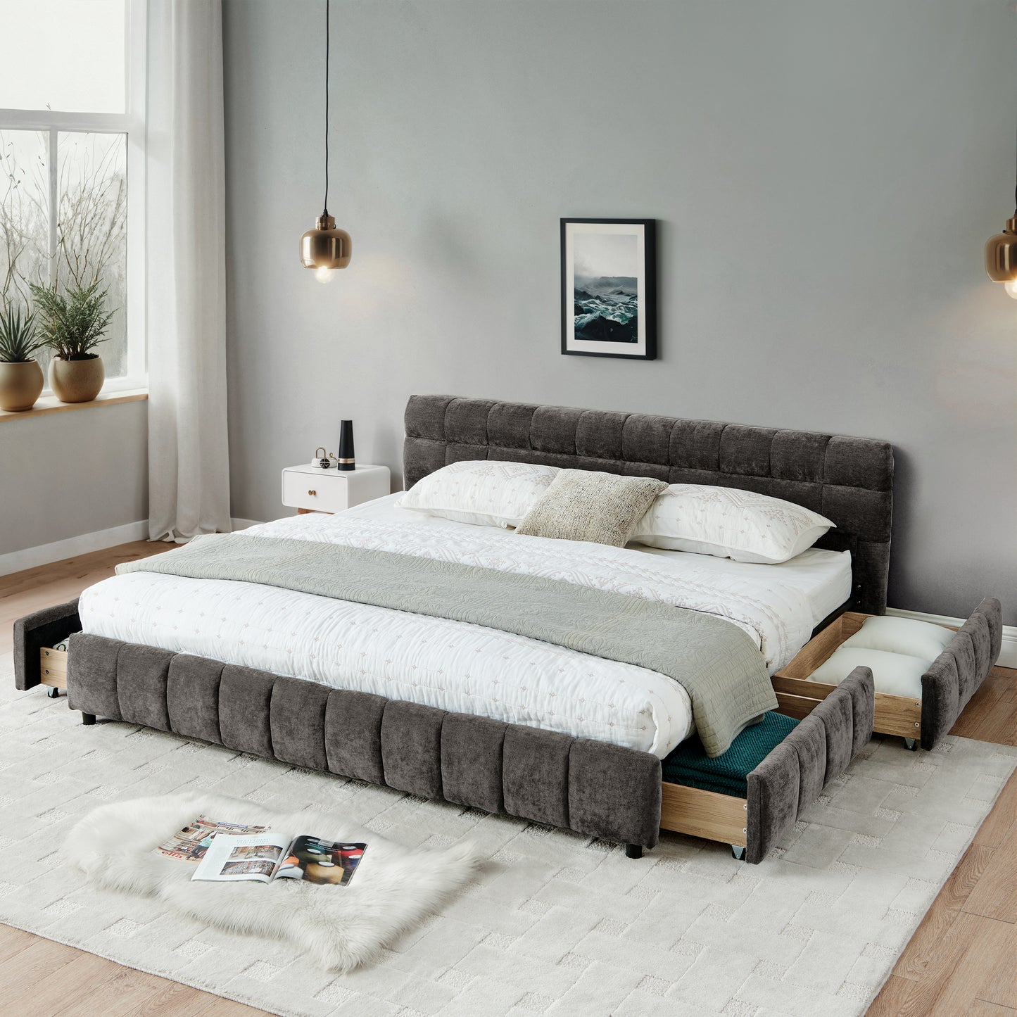 California King Upholstered Bed Frame with Storage Drawer and Chenille Fabric Headboard
