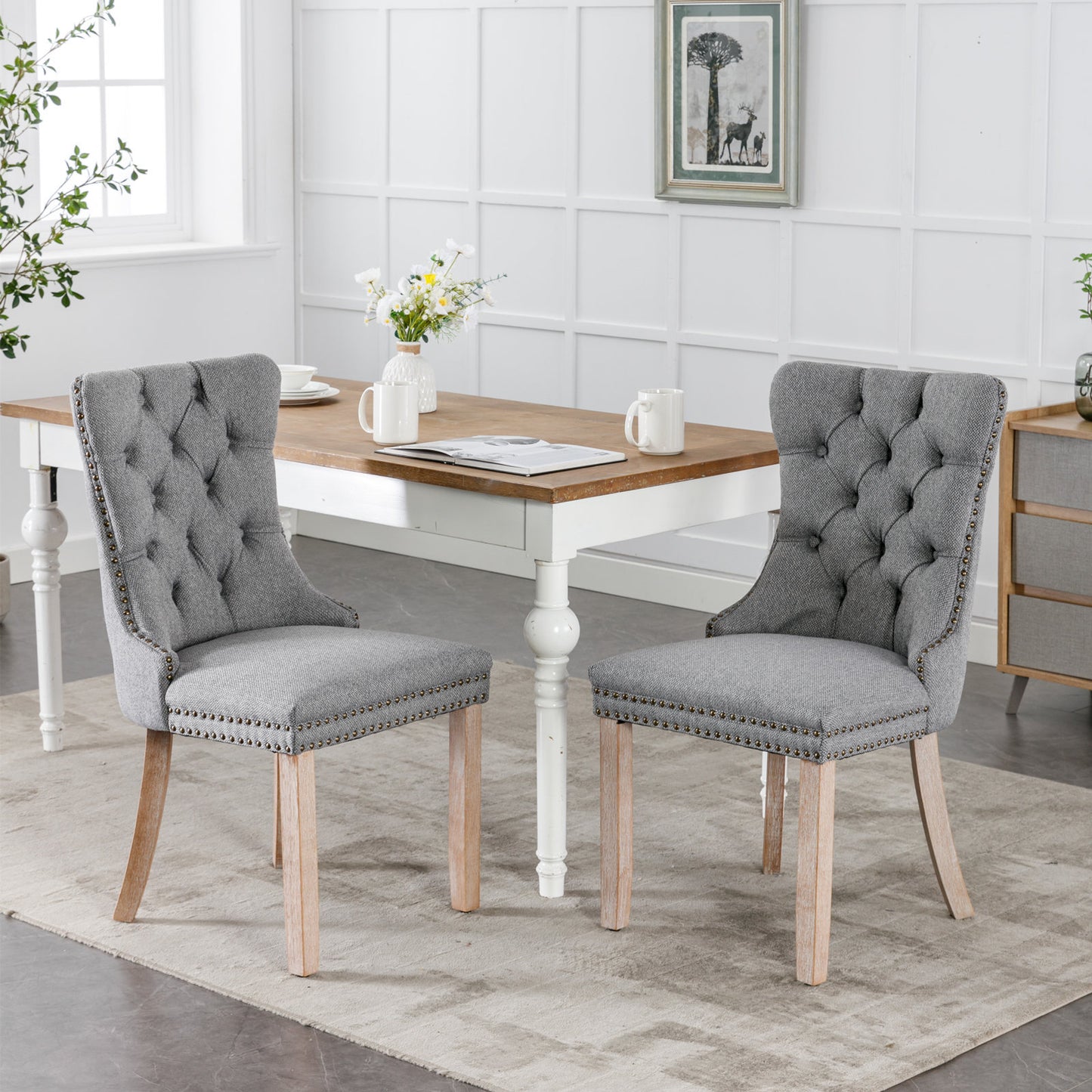 Nikki Collection Modern Tufted Solid Wood Upholstered Linen Dining Chair with Wood Legs