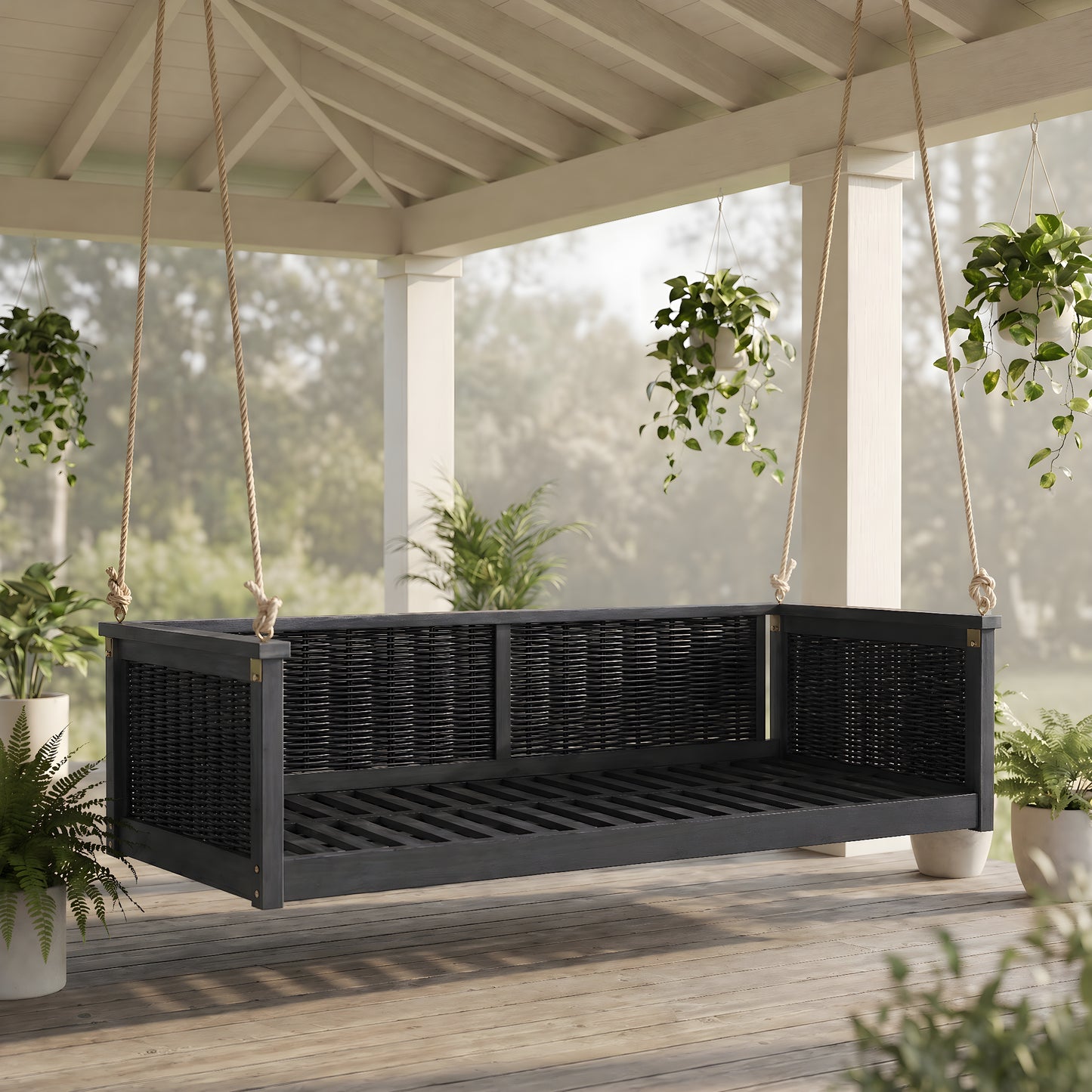Outdoor Classic Solid Wood Twin Size Swing Bed, Garden Porch Rattan Swing Frame with Long Ropes