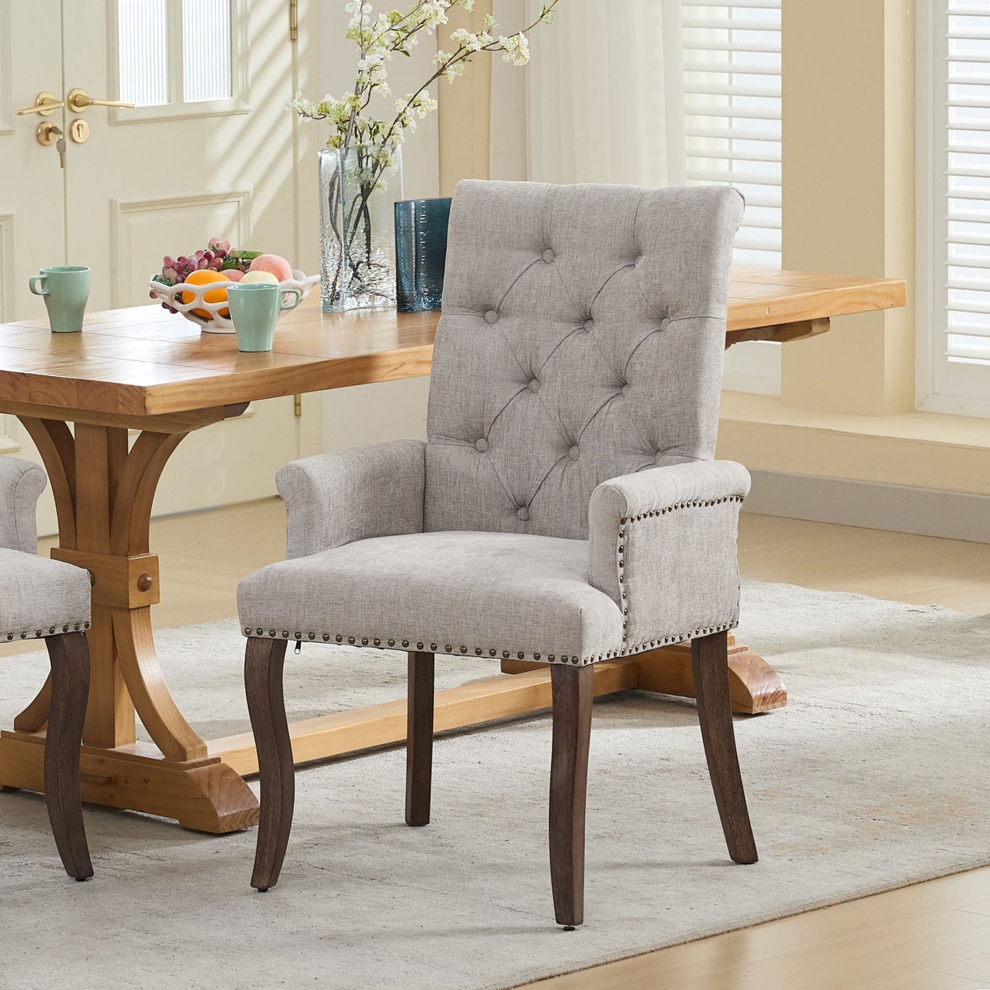 Upholstered Chenille Fabric Accent Dining Chair, Curved Solid Wood Legs, Elegant Tufted Club,