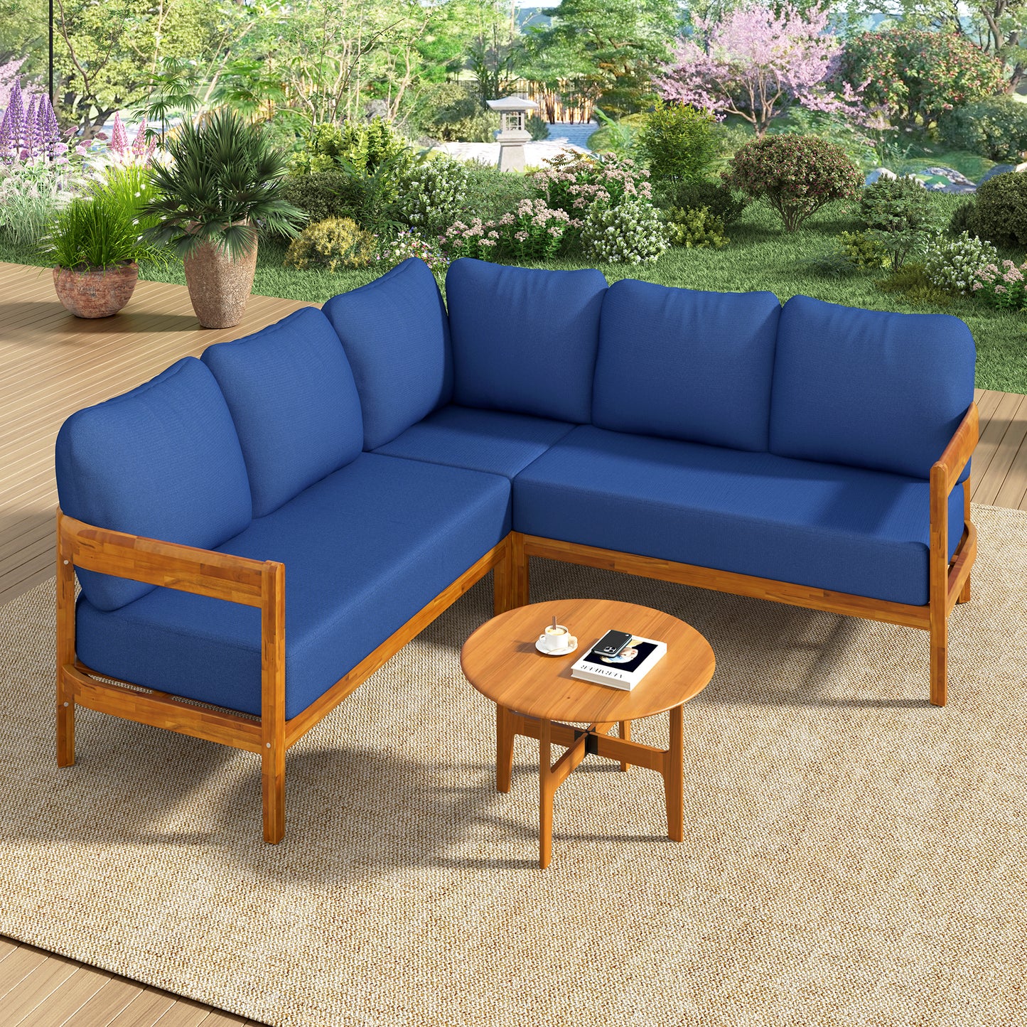 Acacia Solid Wood Outdoor Patio Furniture Set with Arc Frame and 6 Cushions