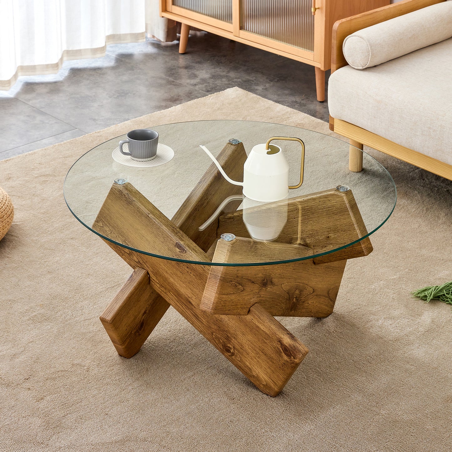 Modern Round Glass Coffee Table – 33.4" Tempered Glass Top with MDF Legs, Minimalist Living Room Table
