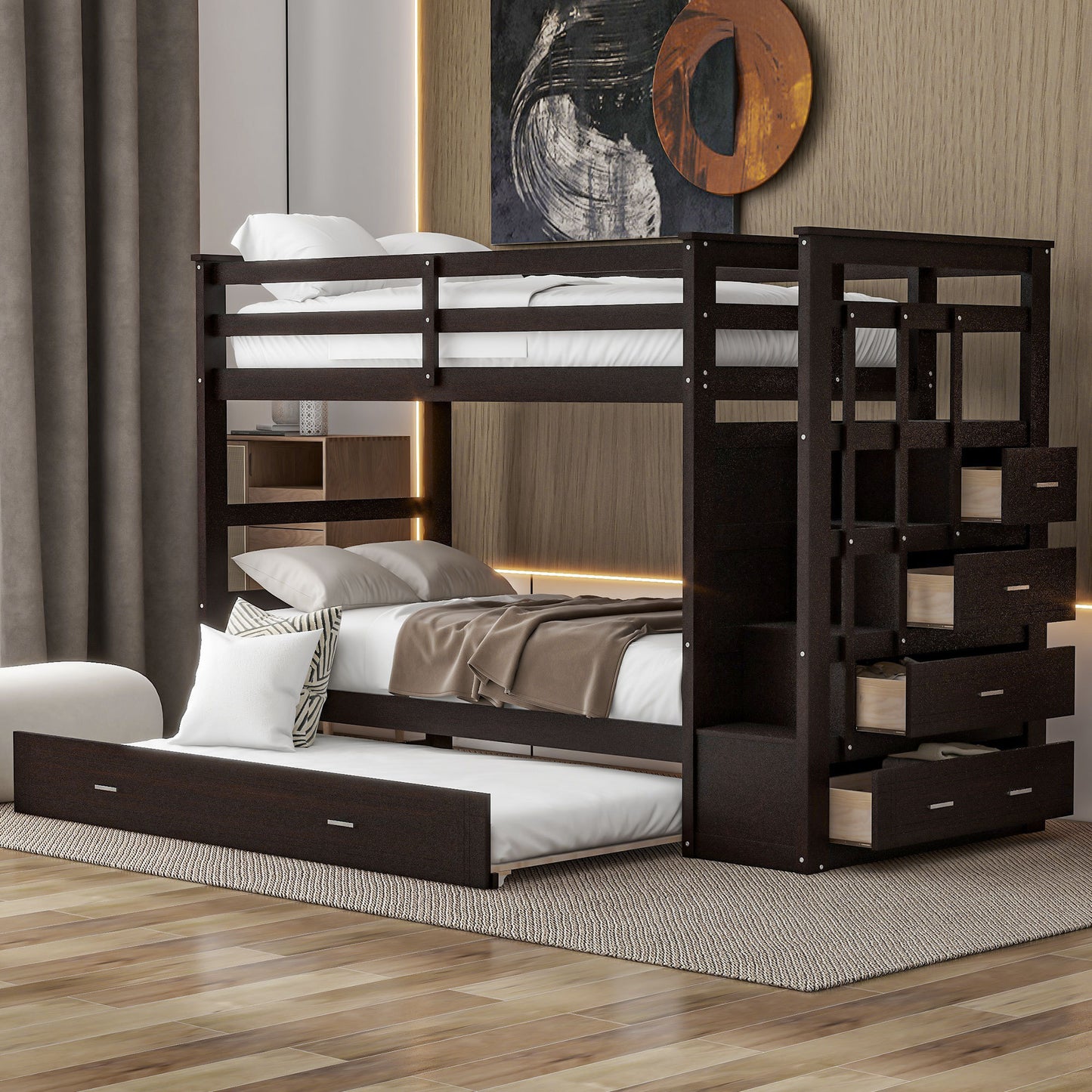 Twin Over Twin Bunk Bed with Trundle and Staircase