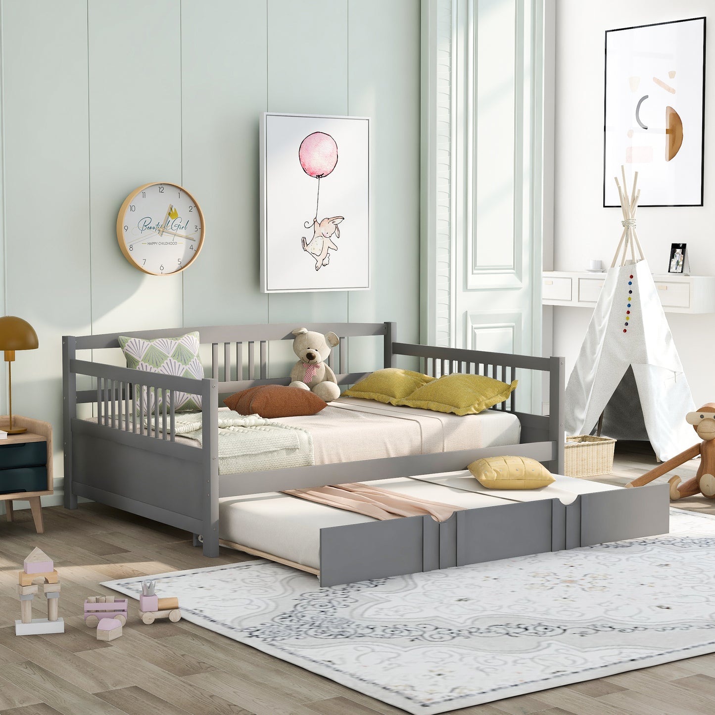 Full Size Daybed Wood Bed with Twin Size Trundle