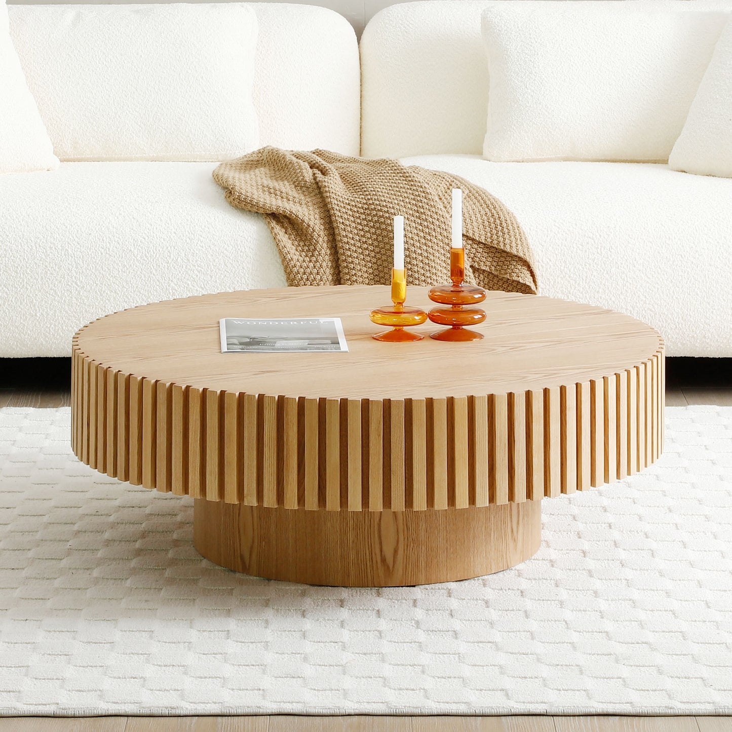 31.49'' Round Wood Coffee Table for Living Room, Modern Handcraft Drum Coffee Table, Circle Wooden Coffee Table for Small Space Apartment ASH.