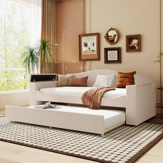 Daybed Twin Fleece Beige with Trundle and Storage for Bedroom or Guest Room