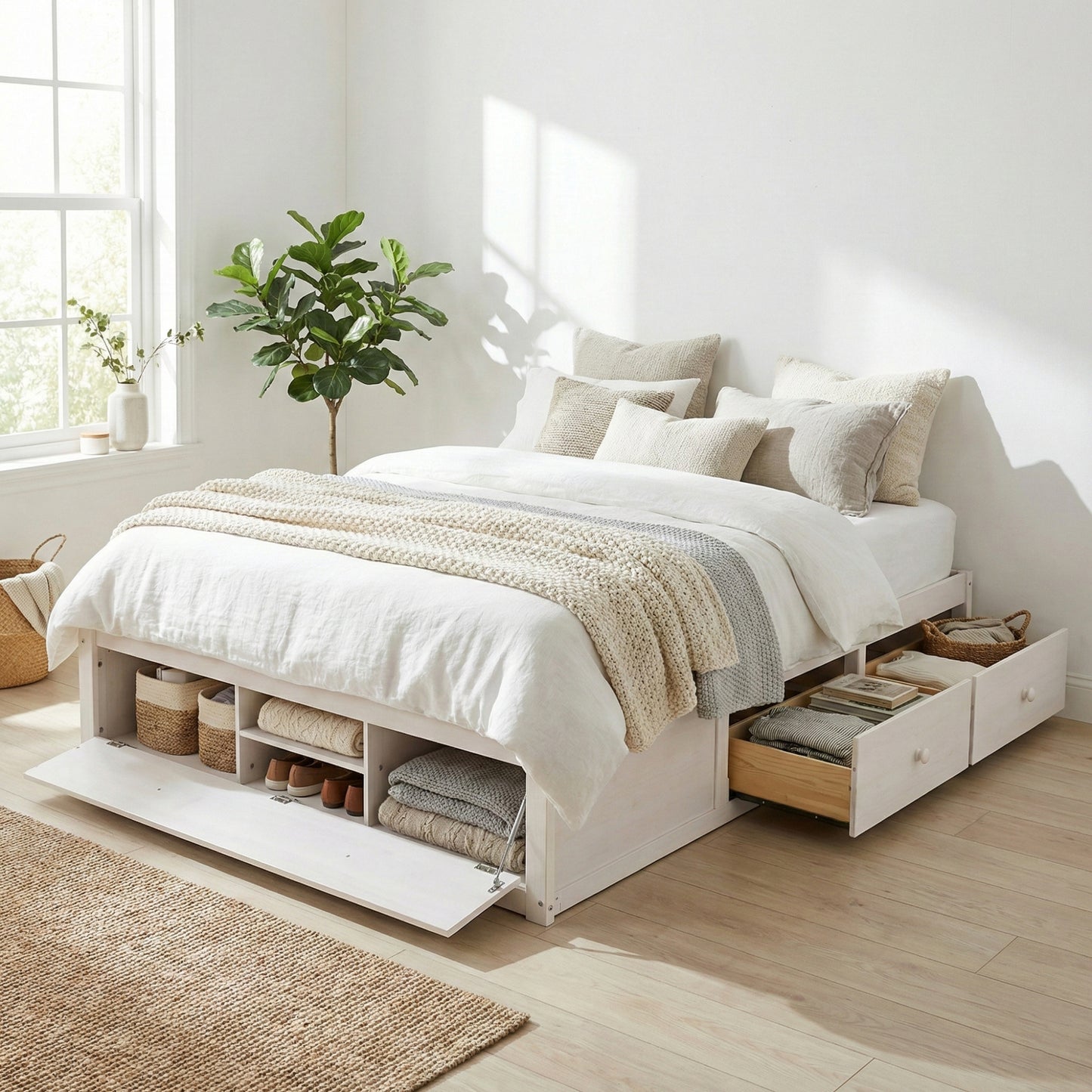 Platform Bed Frame with 4 Storage Drawers and Hydraulic Lift Footboard Storage, No Headboard