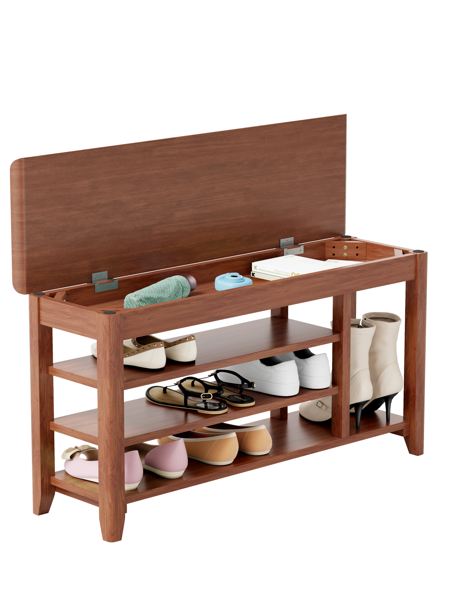 Solid Wood Shoe Rack Bench – Entryway Storage Bench with Shelves, Heavy Duty 550 lb Capacity