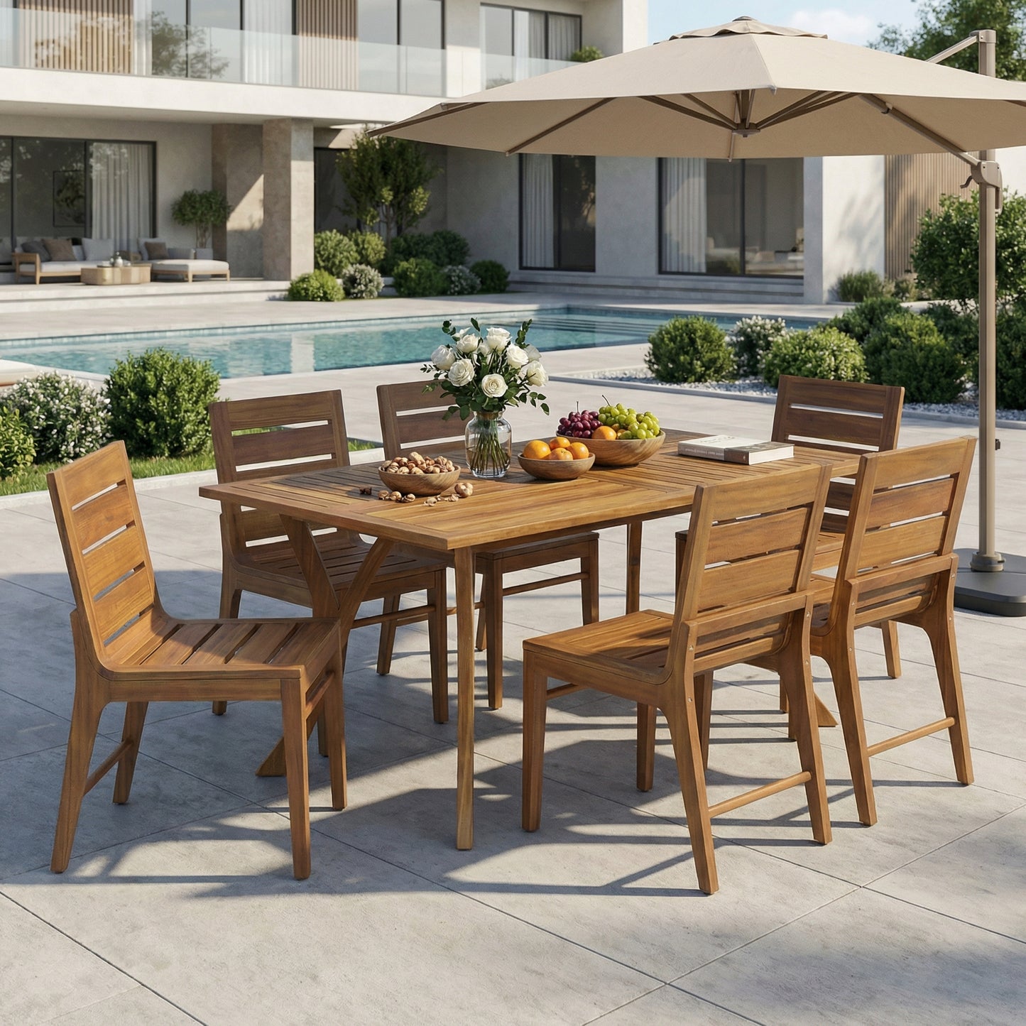 7-Piece Acacia Wood Outdoor Dining Set – Teak Finish Patio Table with 6 Slatted Back Chairs, Weather-Resistant Garden & Backyard Furniture
