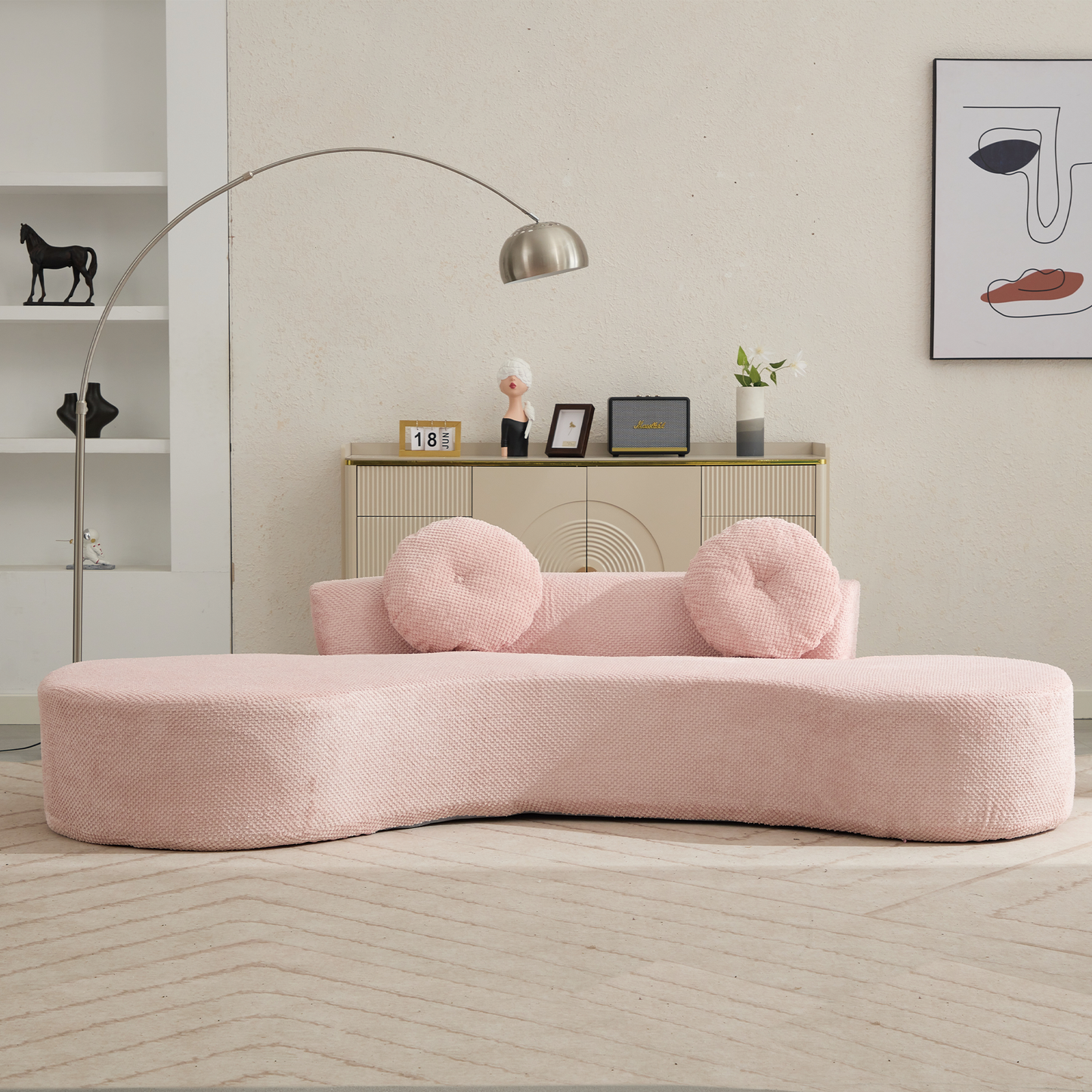 105.5''Curved Sofa, Modern Minimalist Sofa, Cloud Couch Sofa 3-4 Seater Couch with 2 Pillows,Bedroom,  No Assembly Required, Point-shaped corduroy,(Anti-Wrinkle) ,Pink