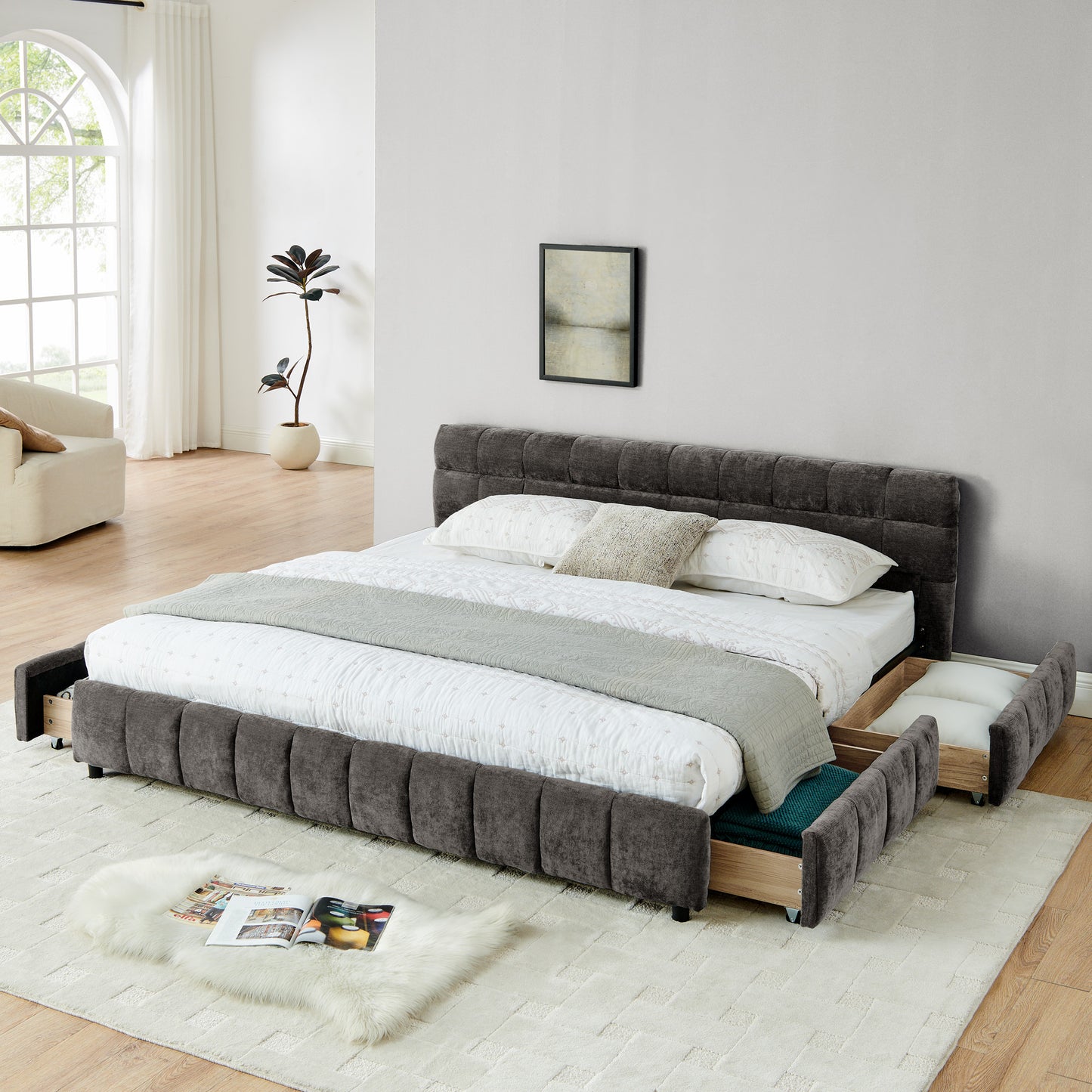 Modern Upholstered Bed Frame with Headboard and Storage Drawer, Chenille Fabric