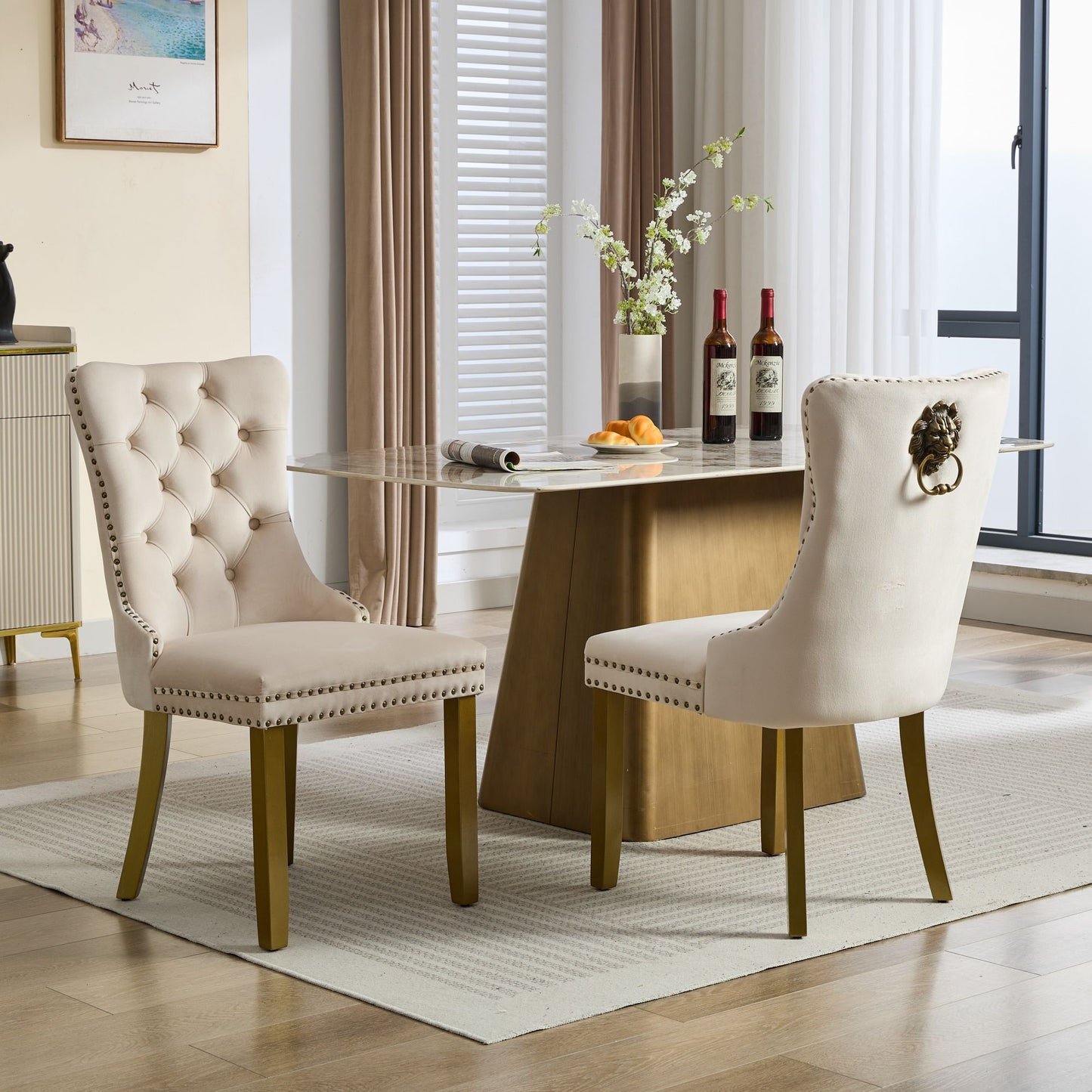 Mid-Century Modern Tufted Velvet Dining Chairs with Lion Head Pull Ring, Golden Wooden Legs