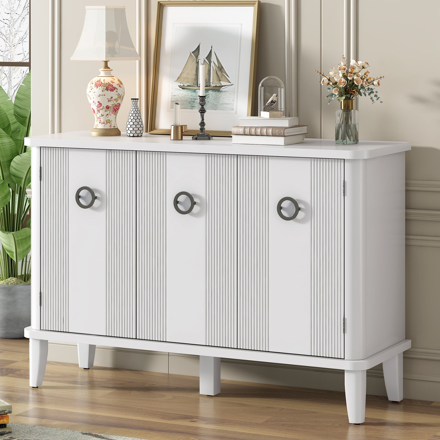 Simple and Atmospheric Solid Wood Veneer Fraxinus Mandschuric Cabinet with Three Acacia Solid Doors,Adjustable, Suitable for Study, Corridors,and Entrances.